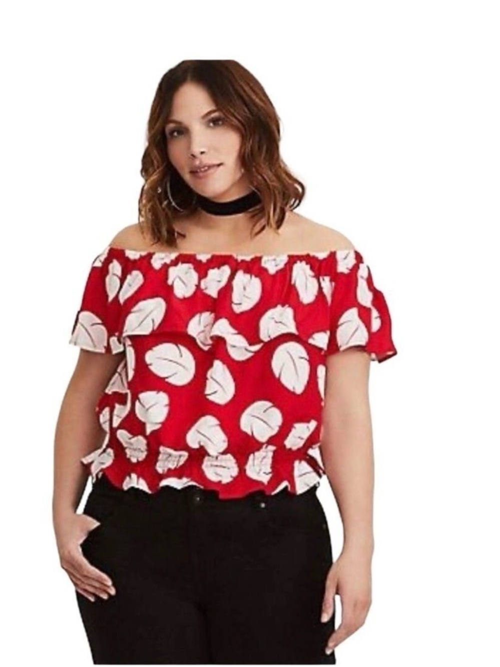 Torrid Disney Lilo and Stitch Red Leaf Pattered Ruffled Off the Shoulder…